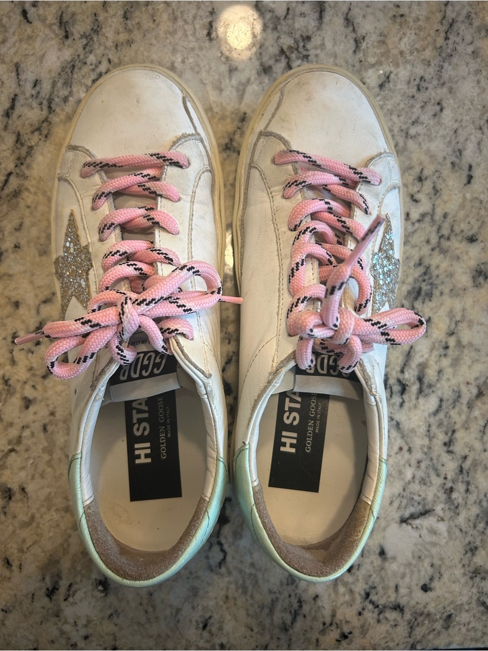 Golden Goose Kids White Sneakers with Pink Laces and Glitter Star